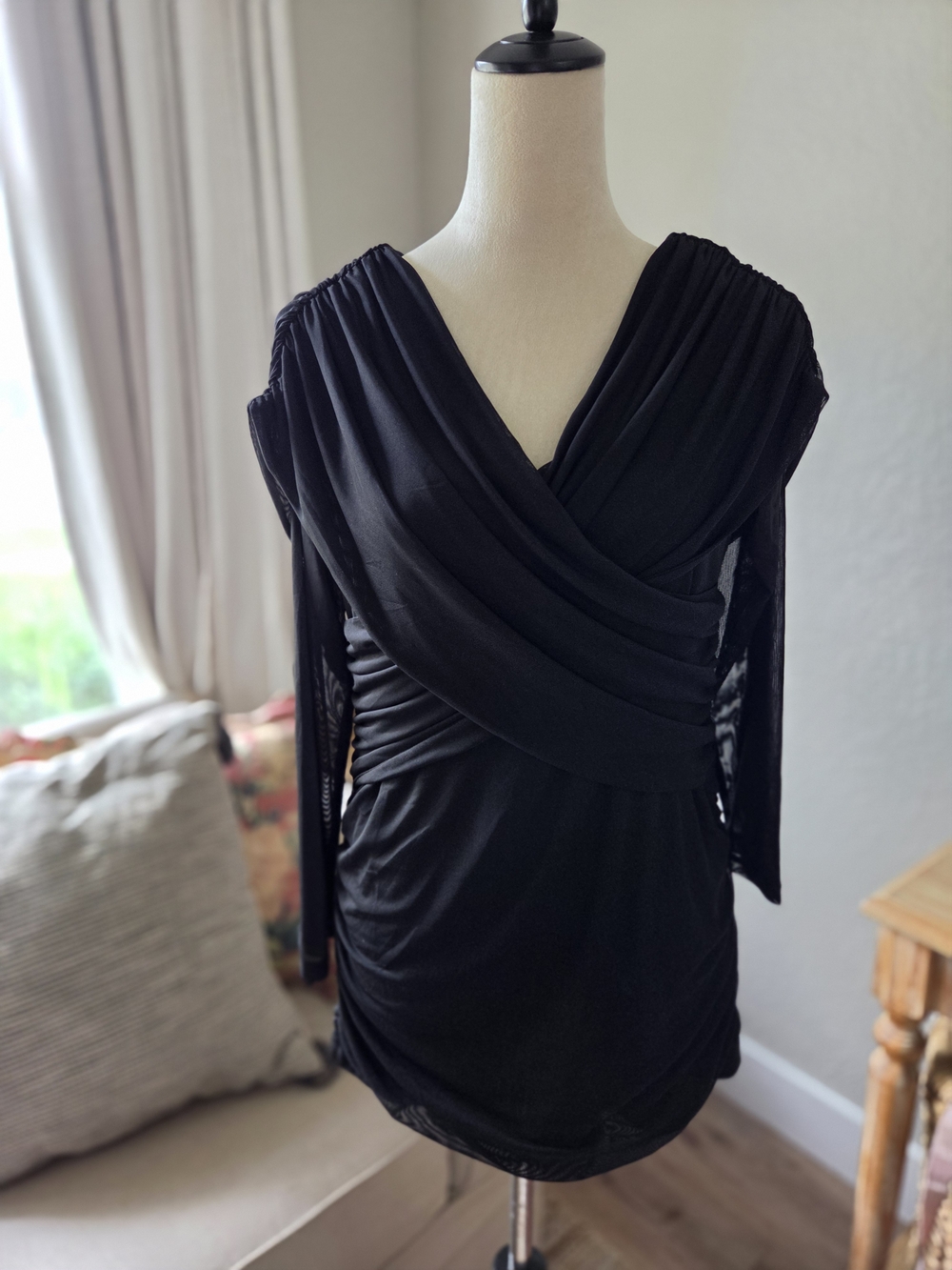 LOFT Black Draped Wrap-Front Long Sleeve Top
